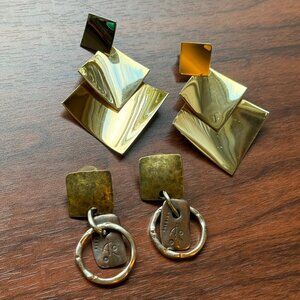 Vintage Late 80s Brutalist Modernist Earring Duo in Gold Tone and Silver Tone